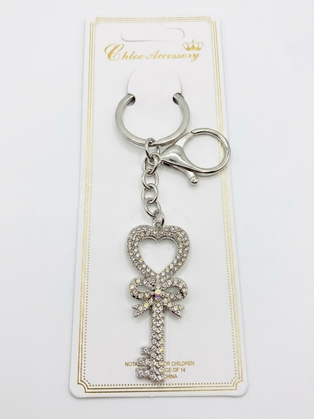 Silver Heart Bow Crystal Rhinestone Heart Key Keychain Bag Charm NWT